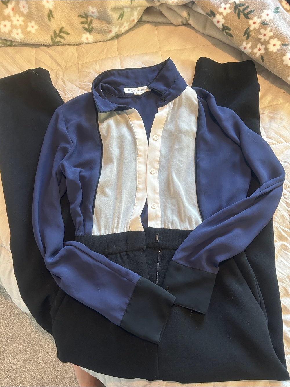 BCBG Colorblock Button-Up one-piece romper in Navy and Cream